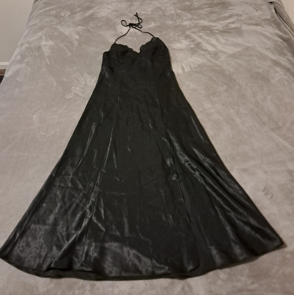Victoria's Secret Y2K Satin Mesh Lace Panel Slip Black Dress Front Slit  S